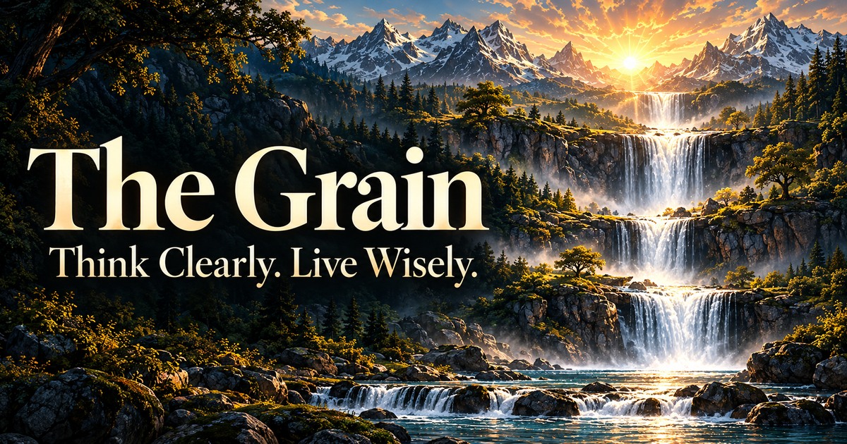 The Grain. Think Clearly. Live Wisely. A sunlit waterfall cascades through a mountain landscape.